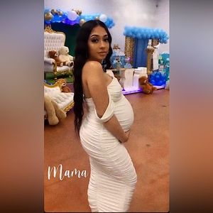 Club London Maternity Dress | White ruched midi-maxi draped shoulders